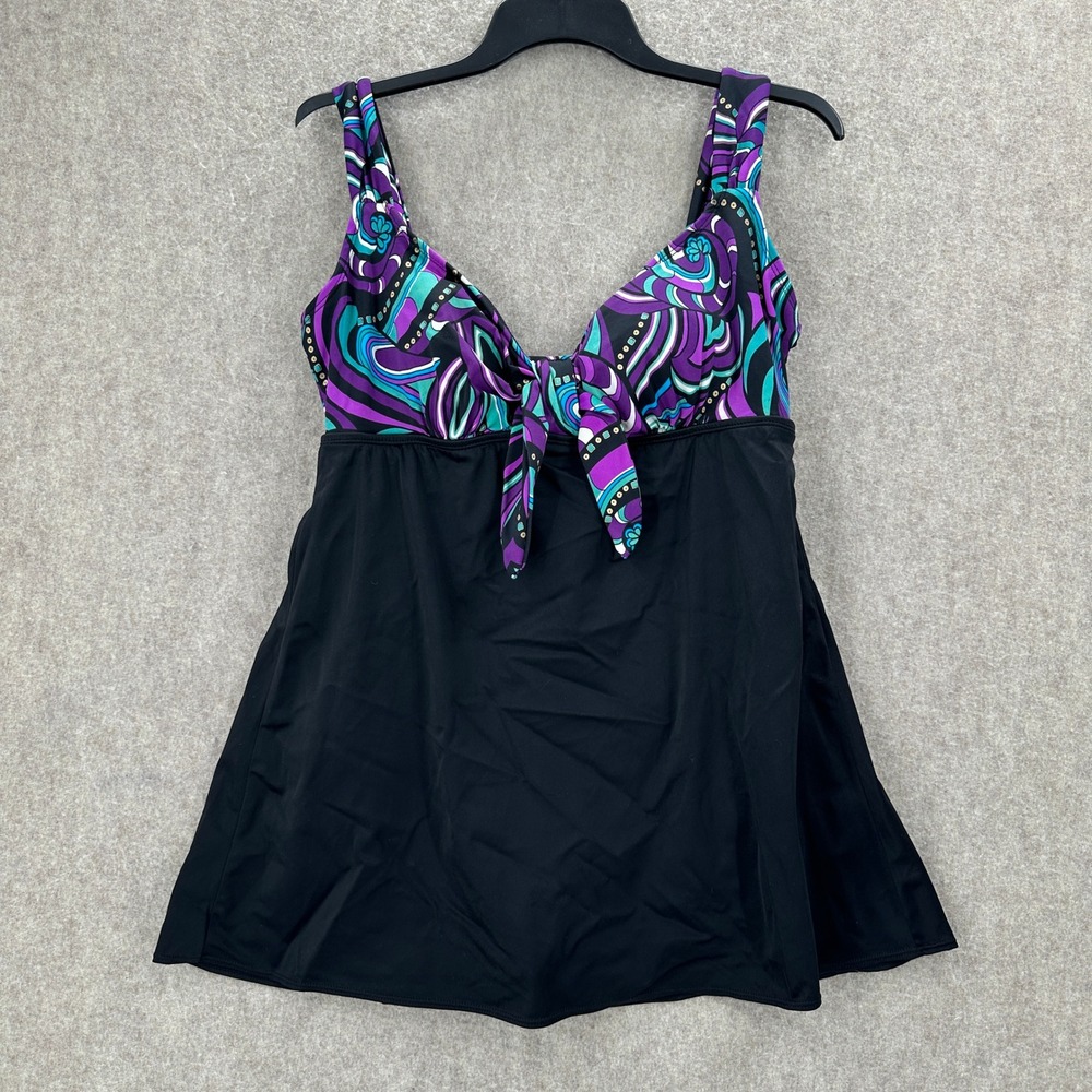 VTG Robby Len Babydoll Swim Dress Women 14 Black Purple Paisley NOS Swimsuit